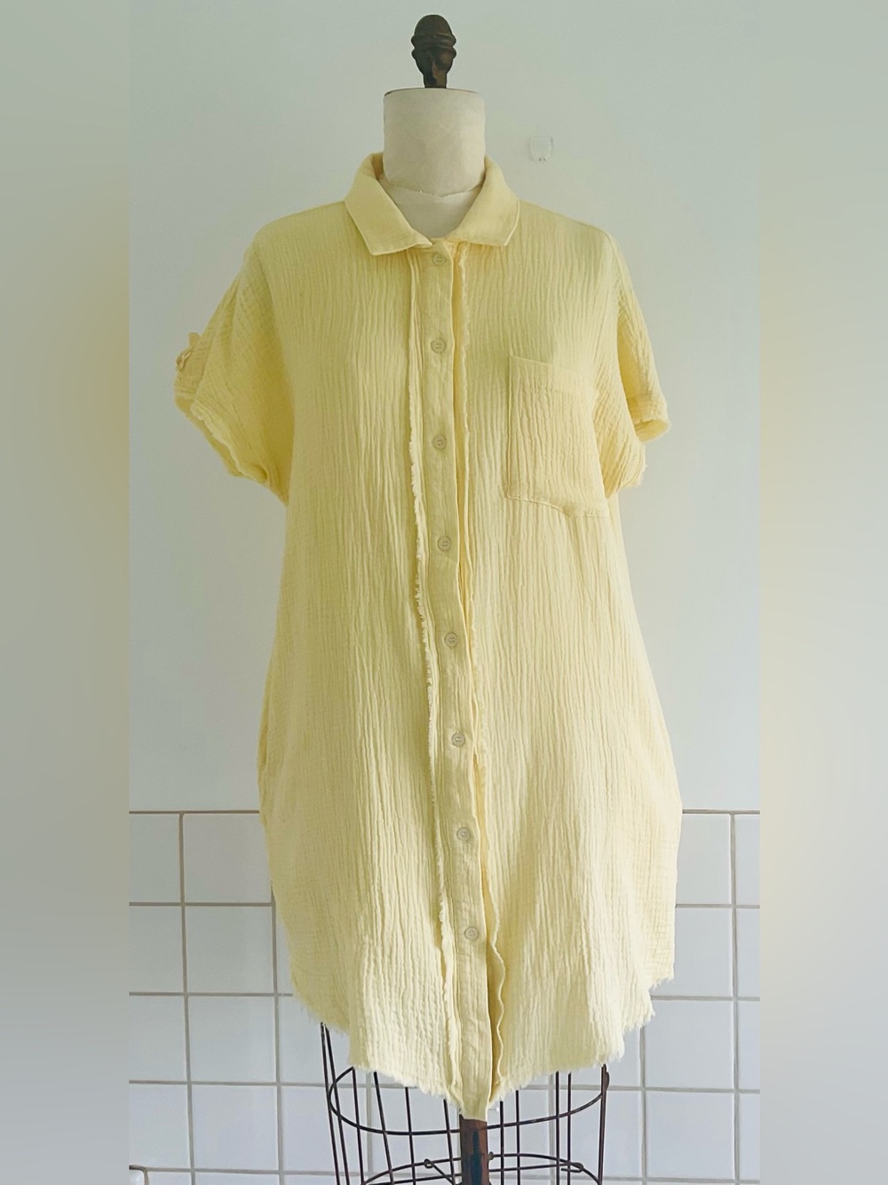Paintcolors Yellow Button-Front Women's Boho Shirt Dress Crinkle Gauze Medium
